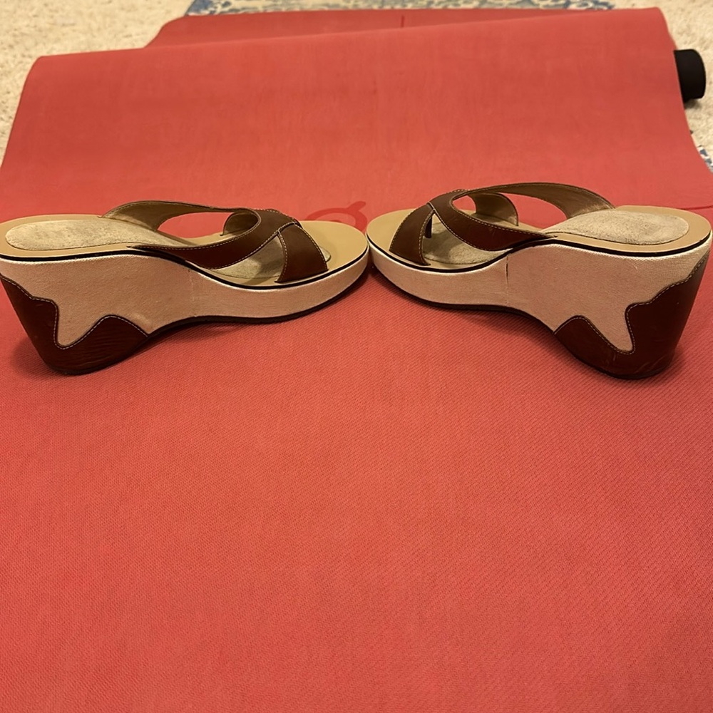 Indigo size 9  super high brown flowered shoes, leather with canvas sides